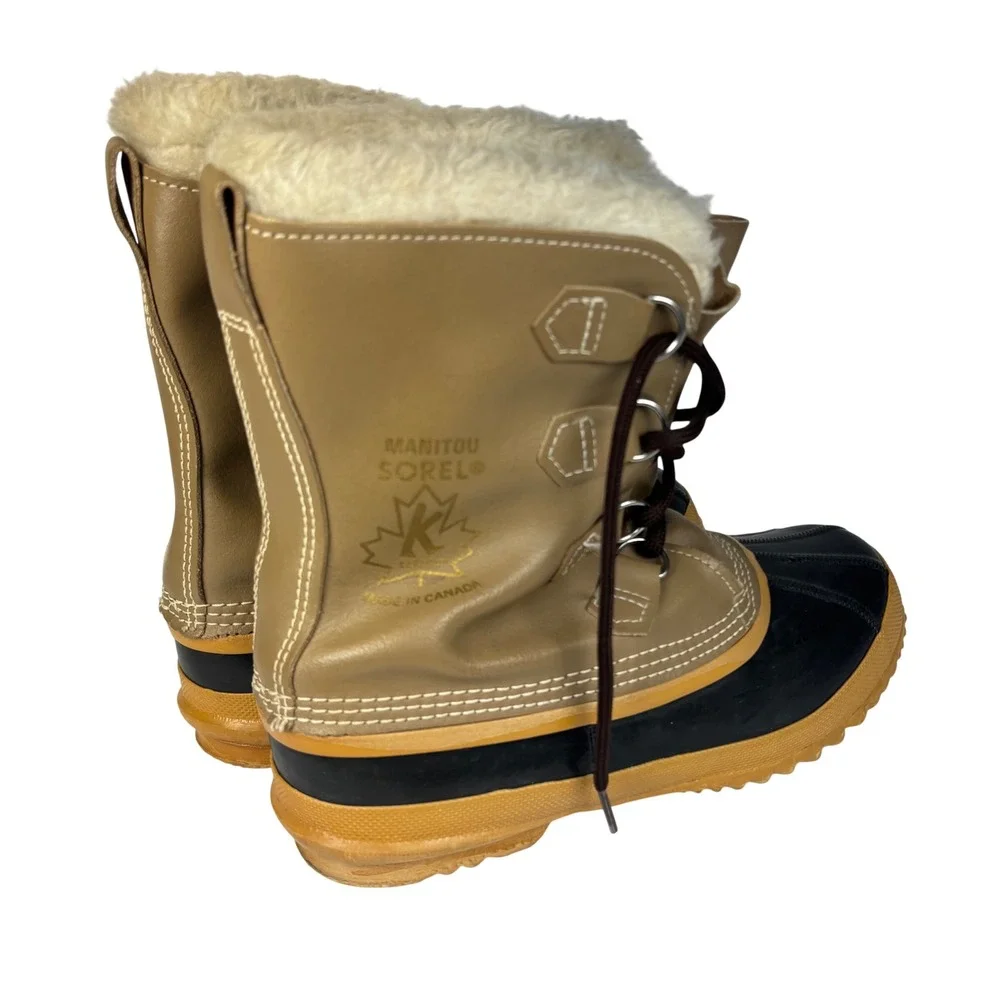Sorel Snow Boots Tan Brown Leather Heavy Duty Rubber Faux Fur Winter Mens 9